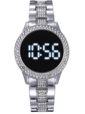Unisex Women’s Men Silver Crystal Rhinestone Round LED Metal Strap Timer Watch